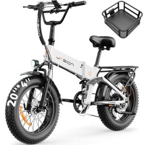 Jasion X-Hunter Foldable Electric Bike, 1400W Peak Motor, 30MPH Max Speed 70+ Miles, 48V 13AH Removable Battery, Full Suspension System, 20''*4.0 Fat Tire Ebike For Adults, 7-Speed Bicycle with Basket