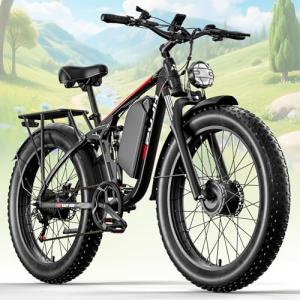 PUJH Electric Bike, 52V 25Ah 4000W Dual Motors, 24" Fat Tires Adult, 36mph Up to 110 Mile Range, Full Suspension, Hydraulic Brakes Class 3 Ebike, for Off-Road Mountain Riding Adventures (Black)