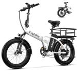 Foldable Electric Bike for Adults, 30+MPH, 48V 20Ah Removable Battery up to 80Miles, 20" Fat Tire 1000W Dirt Ebike Adult Electric Bicycle for City Mountain Flat Tube E Bike White with Rear Basket