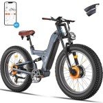 FREESKY Upgraded Dual 2000W Motor Electric Mountain Bike for Adults 38+MPH, 1440 wh Battery, 26" Fat Tire Full Suspension Hydraulic Disc Brake Ebike, Beach Off-Road Mountain E-Bike Blue Grey