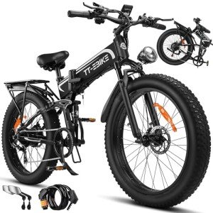 TT-EBIKE Folding Electric Bike Adults 2000W with 48V 23AH Removable Battery 26 inch 4.0 Fat Tire 38MPH Full Suspension Snow Mountain Beach Ebike with Shim 7-Speed Gear