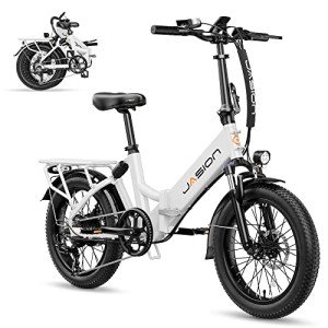 Jasion EB7 ST Electric Bike for Adults with 1200W Motor Peak, 480Wh Removable Battery 28MPH Max Speed & 55 Miles Range (PAS) [20" Fat Tire All-Terrain] Folding Step-Thru Ebike with Front Suspension