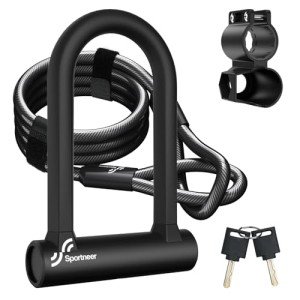 Sportneer Bike Lock: Heavy Duty Anti Theft Bike U Lock with 5ft Security Steel Cable - 17mm Shackle Bicycle U-Locks with Keys & Sturdy Mounting Bracket for Road, Mountain, Electric & Folding Bike