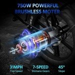 Hipatoo V8 Electric Bike for Adults, Fat Tire E Bike with 750W Peak Motor 48V 15Ah Removable Larger Battery, 20" x 4.0 Electric Mountain Bike, 31MPH Max Speed, Shi-Mano 7 Speed Electric Bicycles