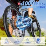 Funhang Electric Bike for Adults, 26'' 1000W Peak Ebike, Up to 50 Miles 21.7MPH Electric Mountain Bike with 48V 374.4WH Removable Battery, Adjustable Stem, Fenders, Lockable Suspension Fork, 21-Speed