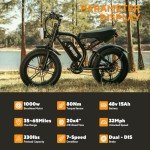 HiKeep Electric Bike for Adults, 20 inch Fat Tire Ebike with 1000W Motor 48V13Ah/15Ah Battery Up to 32/38MPH / 62/68Miles, 7 Speed Dirt Electric Motorcycle Bicycle (Standard, K6 2.0 - Black)