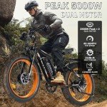 Peak 5000W-Electric-Bike for Adults-Men, Dual-Motor-Ebike 40-46MPH, 52V 30AH Long Range Electric Bicycle, 26" Fat Tire Dirt-Bike, Full Suspension Mountain Bike for Off-Road Snow Sand Hunting (Orange)