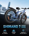 AMYET EB26 Electric Bike for Adults Peak 1800W Electric Bicycle 48V 15AH (720WH) Battery Electric Bike 26" Fat Tire Mountain 32mph 7 Speed Gears Shock Absorber Ebike (Blue)