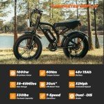 Electric Bike for Adults,20”x 4”Fat Tire，Peak 1500W Motor,7 Speed Electric Motorcycle Bicycle, 48V15AH Battery 4 Riding Modes Up to 32MPH/64Miles Electric Dirt Bike (Standard, K6-G-Black)