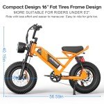Spacewalk Small Electric Bike,16"X4" Fat Tire Ebike,Compact Design,More Suitable for Riders Under 5'2", 750𝗪,21.7MPH Dirt Bike, 48V 15AH Removable Battery, 50-Miles Motorcycle,-Orange