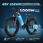 RegalRider Electric Bike 26" Fat Tire Ebike, 1000W Peak Motor, Max Range 65 Miles Dual Hydraulic Brake Snow Ebike for Adults, Electric Mountain Bike with 624Wh Removable Battery, LCD Display, 7-Speed