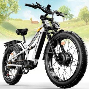 Seemoon Peak 3000W(Dual Motors) Electric Bike for Adults,52V 21Ah 26" Fat Tire Fast Ebike,Max 36 mph up to 100 Miles,Hydraulic Disc Brake,Off Road Mountain Hunting for Men(White&Orange)