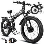 TT-EBIKE 5000W Dual Motor Folding Electric Bike Adults 40MPH with 52V 28AH Battery, 26x4 Fat Tire All Terrain Ebikes, Full Suspension E Bike, Electric Bicycle SHM 7-Speed Gear