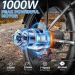 Funhang Electric Bike for Adults, 1000W Peak Ebike, 25MPH 60Miles Electric Mountain Bike, 26" Fat Tire Electric Bicycle with 48V 13AH Battery, Rear Rack, Turn Signal, Lockable Suspension Fork,7 Speed