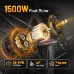 Jasion EB5 MAX Electric Bike for Adults with 1500W Peak Motor, 48V 15Ah (720Wh) Battery Electric Mountain Bike, 26'' x 4'' Fat Tire Ebike, 28+MPH Speed, Cruise Control, with Fenders, Rear Rack