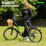 NAKTO Electric Bike for Adults Up tp 22MPH 45 Miles City Commuter Ebike 350W(Peak 500W) High Brushless Gear Motor, 6-Speed Gear, Electric Cruiser Bicycle with Basket, UL 2849 Certified