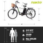 NAKTO Electric Bike for Adults Up tp 22MPH 45 Miles City Commuter Ebike 350W(Peak 500W) High Brushless Gear Motor, 6-Speed Gear, Electric Cruiser Bicycle with Basket, UL 2849 Certified