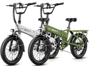Jasion EB7 2.0 Adult Electric Bicycles, 28MPH Folding Electric Bike with 1200W Peak Motor, 55Miles Commute Ebikes for Adults 480WH Battery, Shock Absorber, Disc Brake, 20" *3.0 Tires for Snow W+W