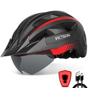 VICTGOAL Bike Helmet with USB Rechargeable Rear Light Detachable Magnetic Goggles Removable Sun Visor Mountain & Road Bicycle Helmets for Men Women Adult Cycling Helmets (L: 57-61 cm, Black Red)