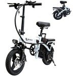 EBKAROCY Ebikes for Adults, 400W Motor 22MPH Max Speed, 14” Tire, 48V 15AH Removable Battery for Electric Bike, Multi-Shock Absorption, City Commuter, Foldable Adult Electric Bicycles (white-400w)