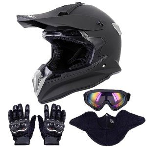 OUMURS Adult Dirt Bike Helmet with Goggles Gloves & Mask Adjustable Sun Visor Motorcycle Adult ATV Helmet Off-Road Motocross Downhill Moped MX BMX for Unisex-Adult-Matte Black-188, L