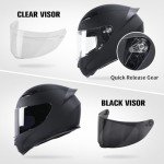 JQF Gear Full Face Motorcycle Helmet WS-607 DOT Approved Motorbike Racing Street Bike Helmets for Adults with Clear and Black Visor (Flat Black BB, M)
