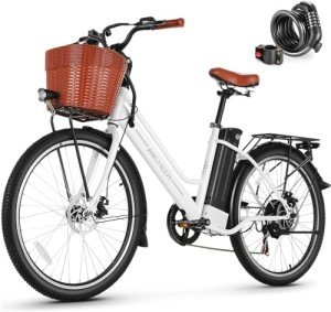 ANCHEER 26'' Electric Bike, Low Frame Electric City Bike with 36V/13 Ah Lithium Battery and 350W Motor, 50Miles Step Through Commuter Ebike with Basket for Woman Man (White Citybike with Basket)