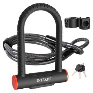 INTEKIN Bike U Lock Heavy Duty Lock, 16mm U Lock and 5ft Length Security Cable with Sturdy Mounting Bracket for Motorcycle and More, Black, Small