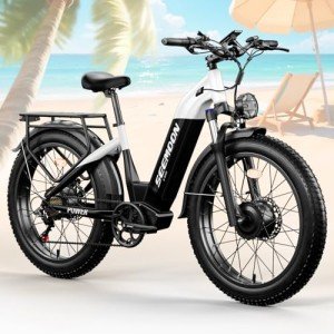 Seemoon Dual Motor 3000W Electric Bike for Adults, 52V 20Ah 26" Fat Tire Fast Ebike, Max 38 mph, up to 105 Miles, Hydraulic Brakes, Step-Through Design, Off-Road Mountain Hunting Bike for Men Women