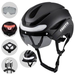 Favoto Bike Helmet with Turn Signals - Dual Shell Helmet with Removable Goggles and USB Rechargeable Front and Back Lights, CPSC Certificated, Black