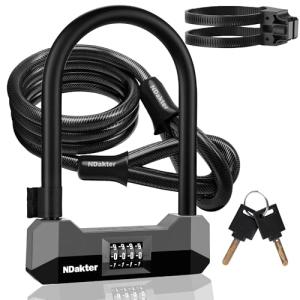 NDakter Bike Locks Heavy Duty Anti Theft，18mm Bicycle Combo U Lock with 5FT Cable, 4-Digit Resettable Combination Electric Scooter Lock with 2Keys and Bracket for Tricycle, Moped, Motorcycle(Gray)
