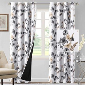 H.VERSAILTEX 100% Blackout Curtains 84 inch Length 2 Panels Set Cattleya Floral Printed Drapes Leah Floral Thermal Curtains for Bedroom with Black Liner Sound Proof Curtains, Grey and Taupe