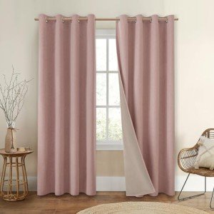HOMEIDEAS Full Blackout Curtains 2 Panels Blush Pink Linen Room Darkening Curtains 52 X 84 Inches Thermal Insulated Grommet Window Drapes with Liner for Living Room, Bedroom