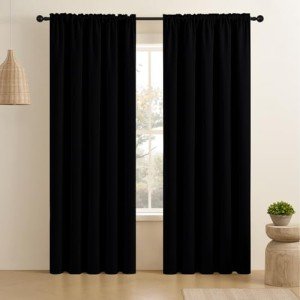 CUCRAF Black Blackout Curtains 84 inch Length 2 Panels Set, Rod Pocket Room Darkening Drapes for Bedroom Living Room, Insulated Thermal Light Blocking Window Curtain (W52 x L84 Inch)