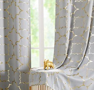 Purainbow Grey Blackout Curtain Panels for Bedroom 84" Gold Foil Moroccan Metallic Print Energy Efficient Drapes for Bedroom Living Room, Thermal Insulated Window Treatments Grommet Top 2 Panels