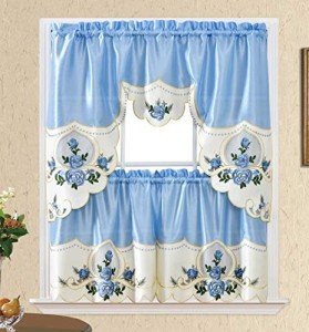 GOHD Rose Melody. 3pcs Kitchen Cafe Curtain Set. Swag and 24 inches Tiers Set for Small Windows. Nice Matching Color Rose Embroidery on Border and Inserted Organza. (Light Blue)