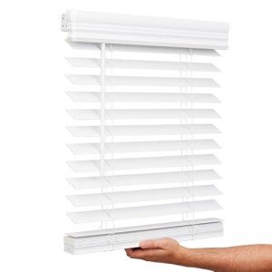 Lotus & Windoware Cordless, 2 Inch Faux Wood Blind, 34" Wide x 60" Long, Window Blinds, Blinds & Shades, Blinds for Indoor Windows, Embossed, Bright White
