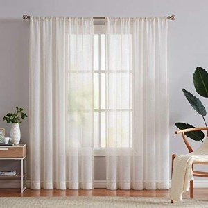 FMFUNCTEX Linen Sheer Curtains for Bedroom, Beige Curtains 84 inches Long for Living Room, Natural Flax Blend Window Draperies for Farmhouse Curtains, Rod Pocket 2 Panels