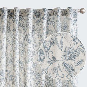 Lazzzy Blue Floral Linen Curtains Farmhouse Curtains 96 Inches Long Back Tab Drapes for Living Room Bedroom Semi Sheer Patterned Country Vintage Curtains 2 Panels Set Rod Pocket Green on Beige