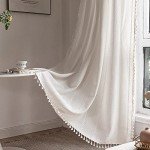 Deeprove White Boho Curtains 84 Inches Long for Bedroom Living Room, Cream Chic Linen Cotton Embroidered Semi Blackout Bohemian Farmhouse Window Treatment Drape Vintage Tassels, 1 Panel W52 x L84