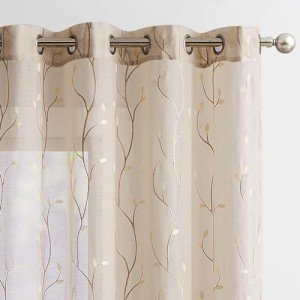 jinchan Beige Boho Sheer Linen Curtains for Bedroom 84 Inch Length Floral Embroidered Semi Sheer Privacy Drapes for Living Room Embroidery Voile Transparent Grommet Window Treatments 2 Panels