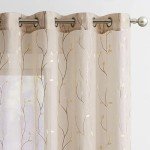 jinchan Beige Boho Sheer Linen Curtains for Bedroom 84 Inch Length Floral Embroidered Semi Sheer Privacy Drapes for Living Room Embroidery Voile Transparent Grommet Window Treatments 2 Panels