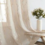 jinchan Beige Boho Sheer Linen Curtains for Bedroom 84 Inch Length Floral Embroidered Semi Sheer Privacy Drapes for Living Room Embroidery Voile Transparent Grommet Window Treatments 2 Panels