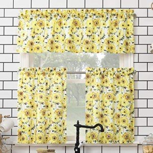 No. 918 Sunbeam Sunflower Print Semi-Sheer Rod Pocket Kitchen Curtain Valance and Tiers Set, 54" x 36", Yellow