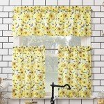 No. 918 Sunbeam Sunflower Print Semi-Sheer Rod Pocket Kitchen Curtain Valance and Tiers Set, 54" x 36", Yellow