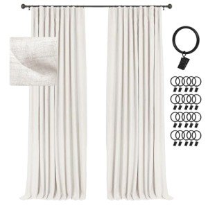 INOVADAY 100% Blackout Curtains for Bedroom, Black Out Curtains 96 Inch Long, Clip Rings Linen Blackout Drapes, Thermal Insulated Room Darkening for Living Room, 2 Panels - Beige,W50xL96