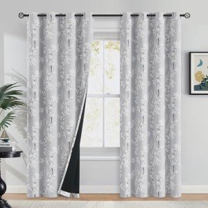 FMFUNCTEX 100% Blackout Floral Curtains for Bedroom, Grey Curtains 84 inches Long Blossom Flower Patterned for Living Room,Thermal Insulated Farmhouse Drapes, Grommet Top 2 Panels (White on Grey)