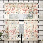 No. 918 Rosalind Watercolor Floral Semi-Sheer Rod Pocket Kitchen Curtain Valance and Tiers Set, 54" x 24", Poppy Red