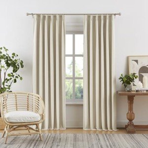 DUALIFE Natural Pleated Blackout Curtains 96 Inch Long 2 Panels,Luxury Full Black Out Living Room Drapes for Track System with Hooks,Thermal Boho Viral Linen Curtains 40 Wide,Cream Beige