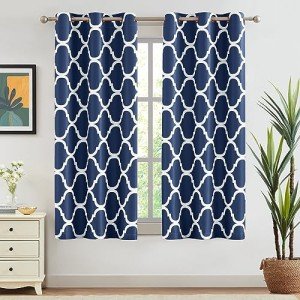 Melodieux Navy Blue Moroccan Blackout Curtains 45 Inches Long for Bedroom Small Windows, Room Darkening Grommet Drapes, 42" W x 45" L, 2 Panels